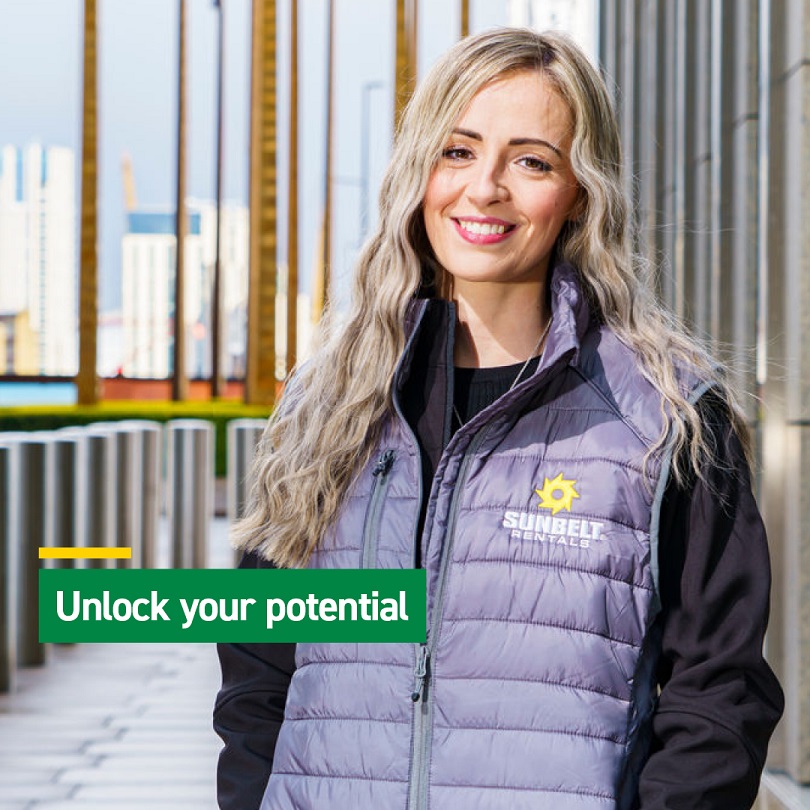 A smiling woman with long blonde hair. Text overlaid at the bottom of the image reads "Unlock your potential" 