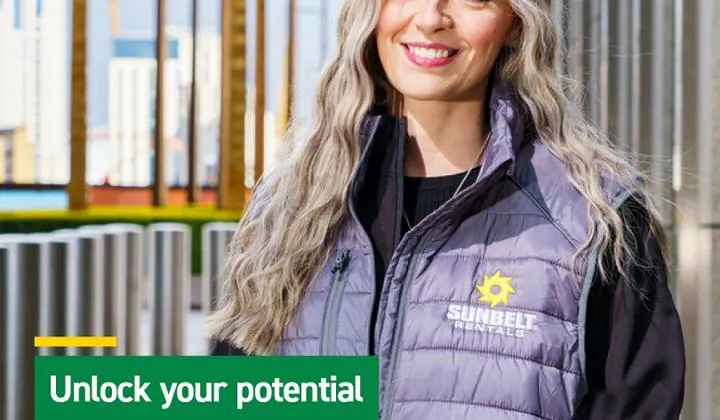 A smiling woman with long blonde hair. Text overlaid at the bottom of the image reads "Unlock your potential"