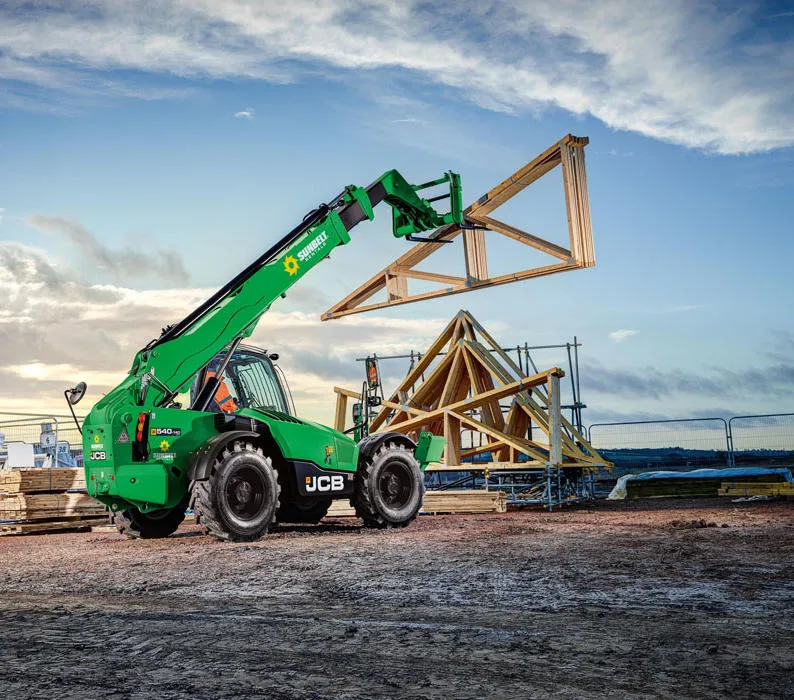 A lifting truck moving construction materials.